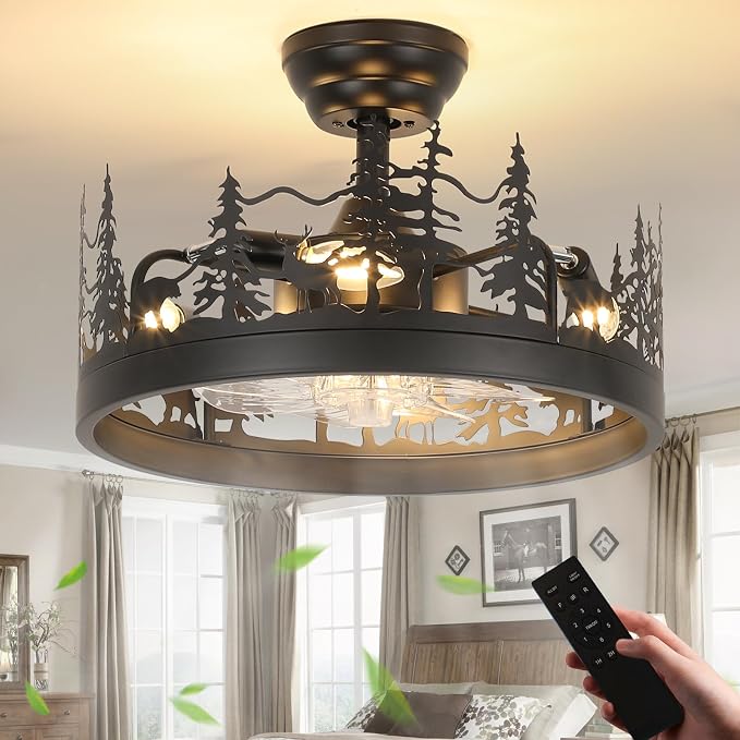 Rustic Black Ceiling Fan with Light, Bear and Deer Design - skull lamp