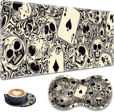 3-in-1 Large Mouse Pad Gaming Set (31.5 x 11.8 inch)+ Wrist Rest Pad + Coaster, Memory Foam Gel Wrist Rest Pad for Pain Relief, Stitched Edges, Non-Slip Table Mat, Ace of Spades Skull - skull coaster
