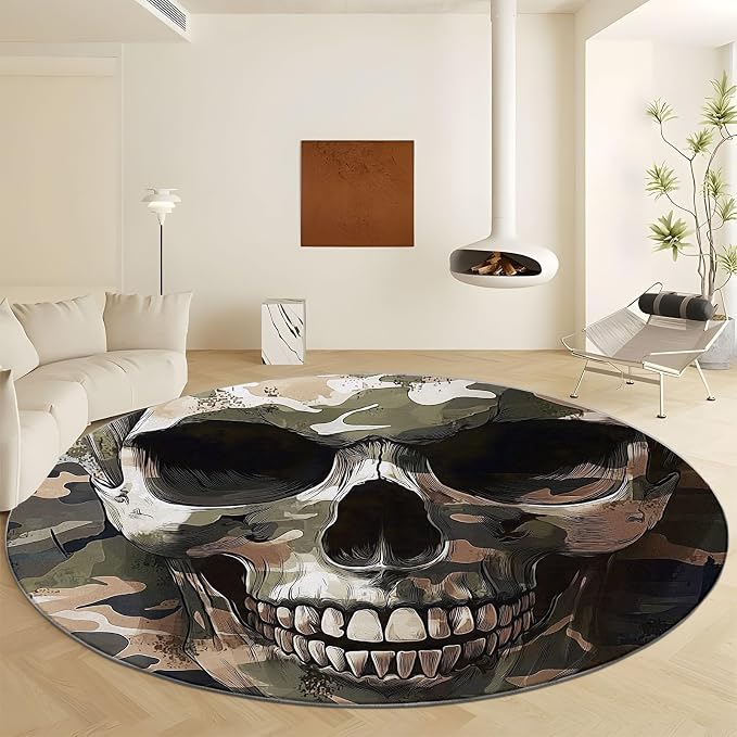Round Rug for Kids Bedroom 3ft Green Camouflage Skull Circle Rug for Playroom, Washable Rug for Nursery, Small Circular Carpet for Classroom Dorm Daycare Decor - skull carpet