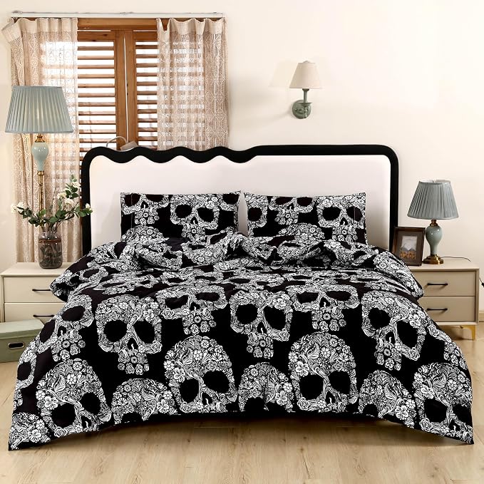 SDIII Sugar Skull Comforter Set Queen 3 Pieces, Soft Microfiber Lightweight Skull Comforter Queen, Goth Bedding Set for Kids Teens and Skeleton Lovers