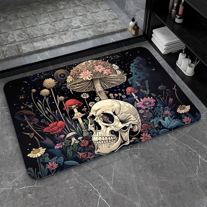 Bath Mat-Bathroom Rug，A Skull and Mushroom-Absorbent Non Slip Quick Dry Stain Resistant Easy to Clean Care Shower Rug for Bathtub Shower Room 16×24Inch (40 * 60cm)