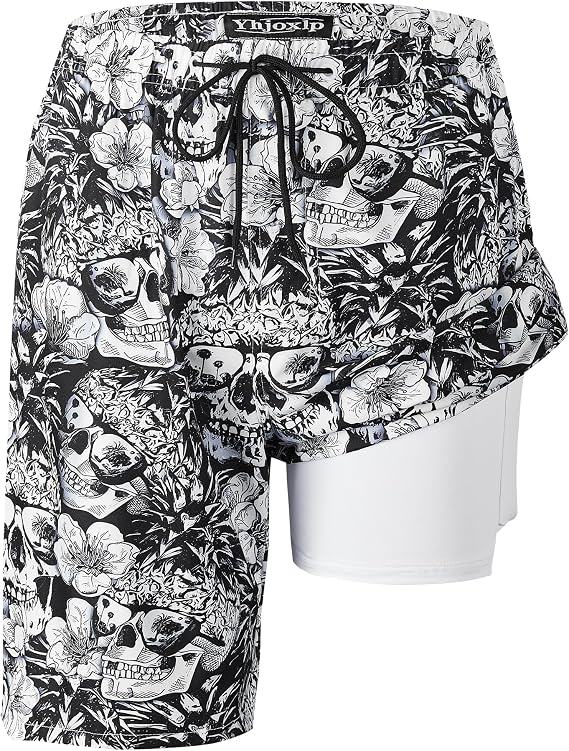 Men's Swim Trunks 9 Inch Inseam Board Shorts Built-in Swimwear - skull swimsuit