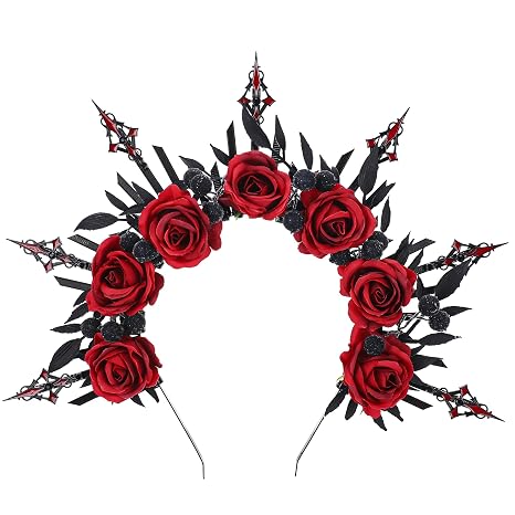 Black Red Rose Headband, Zip Tie Halo Crown Evil Gothic Headpiece - skull headband