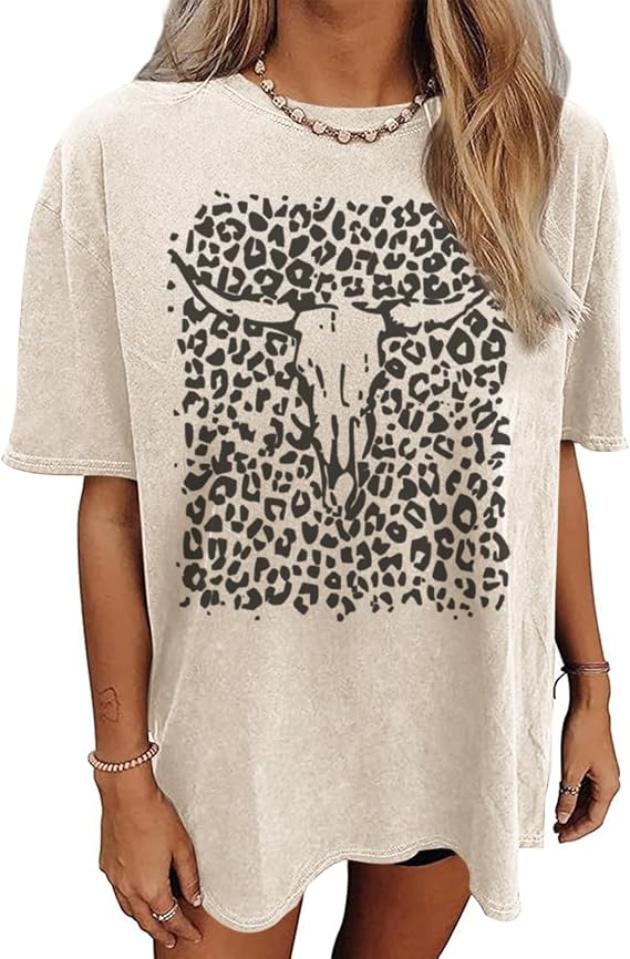 Western Cow Skull Shirts for Women Boho Cowgirl Shirt Vintage Acid Wash Tshirt Oversize Rodeo Graphic Tee Country Top - skull hoodie