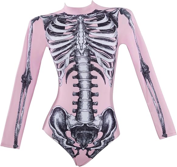 haikyuu Women Pink Skeleton One Piece Swimsuit Long Sleeve Skull Bodysuit Swimwear Goth Gothic Bathing Suit - skull swimsuit