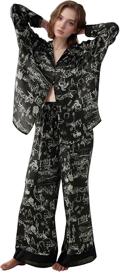 Arssm Satin Pajama Set for Women Silk Pajamas Set 2 Piece Floral Pj Set Long Sleeve Button Down Pjs Sleepwear - skull pajamas