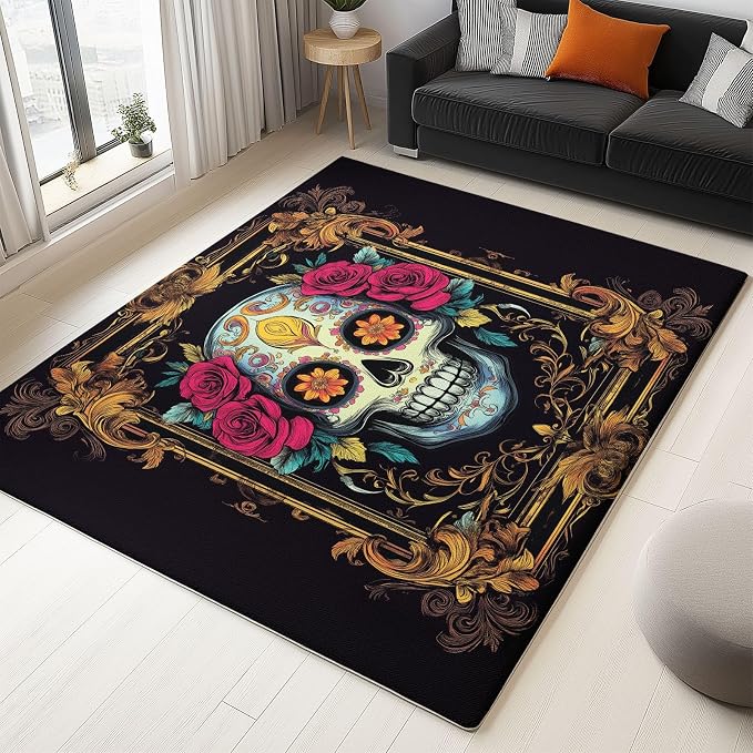 3 X 5 Ft Area Rug for Living Room, Skull Floral Skull Washable Carpet, Non Slip Indoor Floor Carpet, Soft Area Rug for Bedroom Entryway Dining Room, Vintage - skull carpet