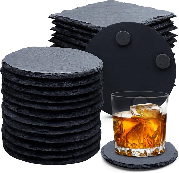 24 PCS Slate Drink Coasters, Cymuber 4 Inch Black Coasters Stone Cup Coaster Bulk Set, Laser Engraving Blanks Handmade Coaster for Halloween, Christmas, Home Decor Drink Bar Kitchen Gifts - skull coaster