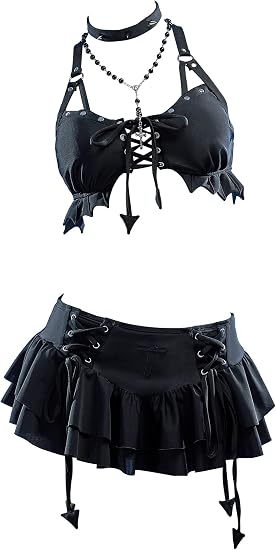 haikyuu Women Goth Two Piece Swimsuit with Necklace Bat Ruffle Bikini Gothic Bathing Suit Swimwear Halter - skull swimsuit