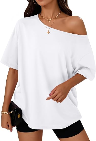 Trendy Queen Womens Off the Shoulder Tops Oversized Summer T-Shirts 2026 - skull tshirt