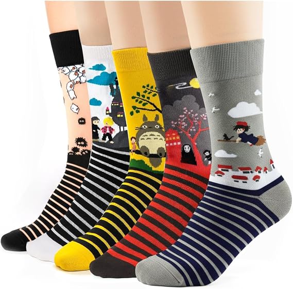 SOCK 5 Pairs Stripe Colorful Patterned Medium High Top Cotton Crew Socks for Women, Kawaii Cartoon Howl, Kiki, ect - sugar skull costume