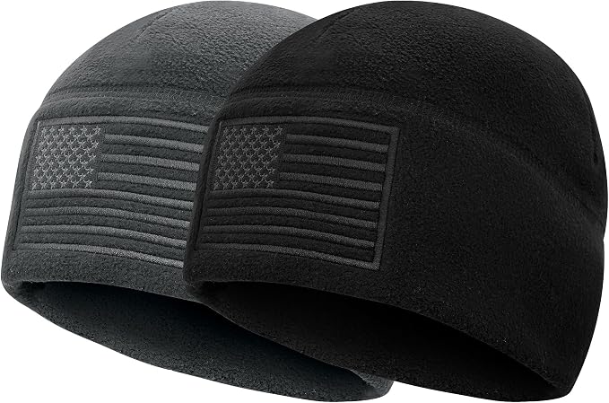 Fleece Watch Cap, American Flag Fleece Beanie, Winter Warm USA Army Military Tactical Beanie Hat 2 Pack - skull watch
