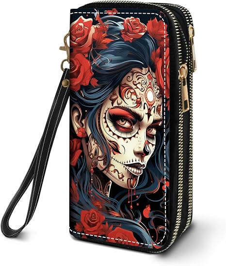 Women's Large Capacity Wallet PU Leather Double Zipper Clutch Purse Multifunctional Wallet with Removable Wristlet Strap for Smart Phone/Coin/Card/Cash, Sugar Skull Girl Roses - sugar skull handbags for sale