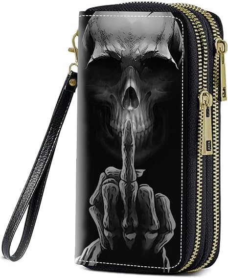 Funny Skeleton Skull Print Women Large Capacity Wallet PU Leather Double Zipper Clutch Purse for Smart Phone/Card/Coin/Cash - skull wallet
