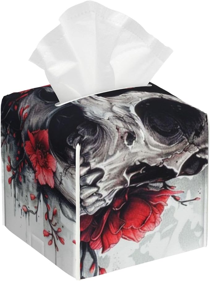 Tissue Box Cover, Square Modern PU Leather Tissue Box Holder, Can be Used for Bathroom Dressing Table, Bedside Table, Office Desk & Car 5.2"X5.2"X5.2" - Sugar Horror Skull and Flowers - skull toilet paper