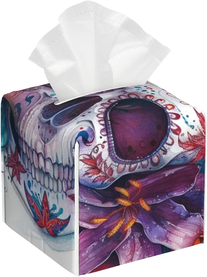 Tissue Box Cover, Square Modern PU Leather Tissue Box Holder, Can be Used for Bathroom Dressing Table, Bedside Table, Office Desk & Car 5.2"X5.2"X5.2" - Sugar Horror Skull and Flowers - skull toilet paper
