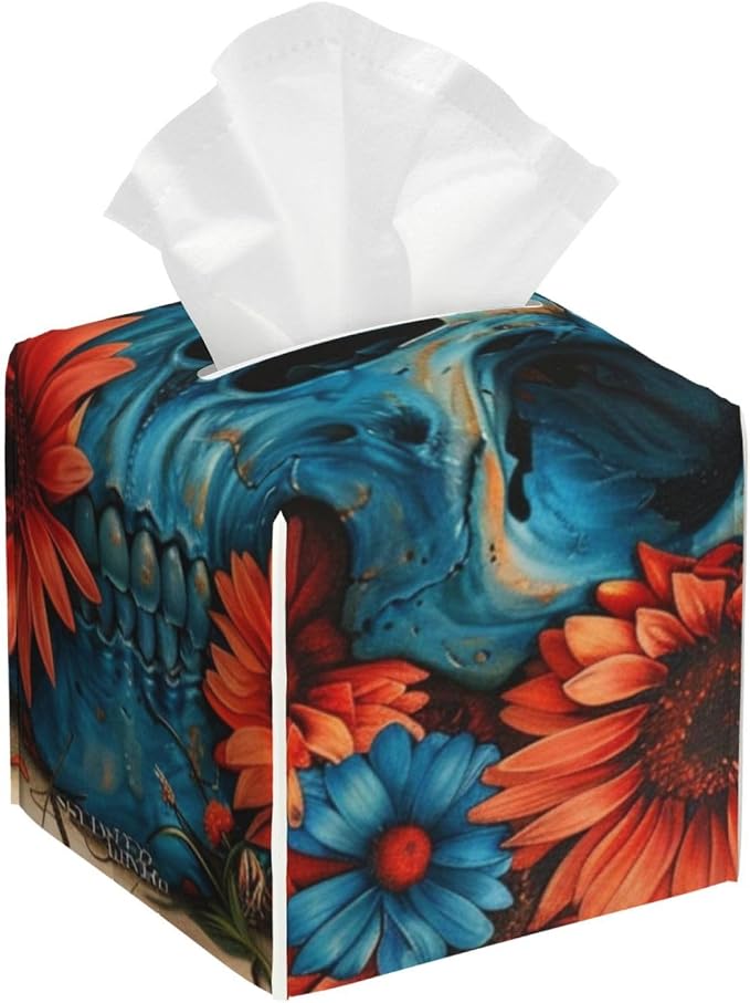 Tissue Box Cover, Square Modern PU Leather Tissue Box Holder, Can be Used for Bathroom Dressing Table, Bedside Table, Office Desk & Car 5.2"X5.2"X5.2" - Sugar Horror Skull and Flowers - skull toilet paper