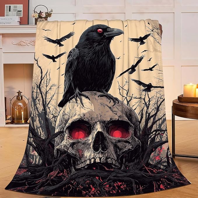 Skull Blanket Skeleton Throw Blanket Crow Gifts for Men Women Boys Girls Kids Adults Super Soft Cozy Plush Fluffy Fuzzy Fleece Blanket Decor 40”X50”