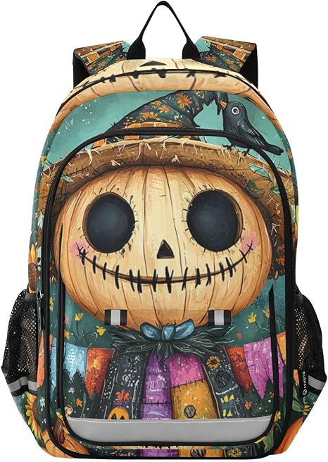 Halloween Scarecrow Skulls Backpack for Men Women Travel Laptop Daypack Shoulder Bag Book Bag Cool Funny Cute Backpack with Reflective Strip 12.9 ×17.7 In - skull backpack