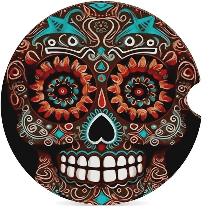 Car Cup Coaster 1PCS Car Cup Holder Coaster Sugar Skulls Day of The Dead Car Coaster Non-Slip Cup Holder Coasters with A Finger Notch Interior Decoration Shockproof Drink Mat for Most Vehicle - skull coaster