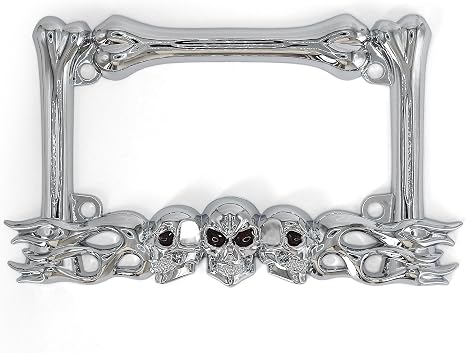 Heavy-Duty Skull Motorcycle License Plate Frame – Fits 7 x 4 in Standard Plates, Compatible with Most Cruiser, Dual-Sport, Sport, and Street Motorcycles - skull plate