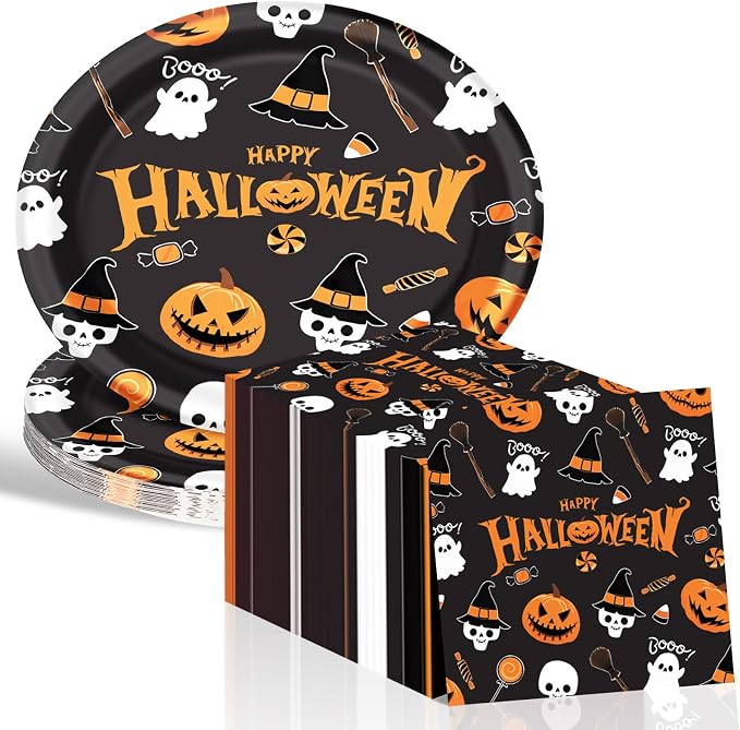 Dereinwo 50 Pcs Halloween Paper Plates and Napkins Set - skull plate