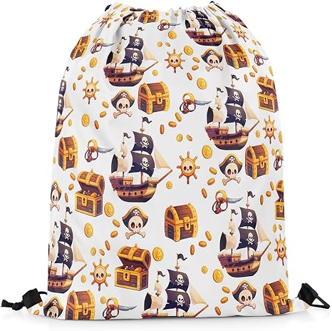 Cartoon Pirate Drawstring Gym Bag,Gold Coin Ocean Treasure Foldable Waterproof Drawstring Backpack,Gothic Skull Ship Draw String Back Bag for Shopping,Swimming,Beach - skull backpack