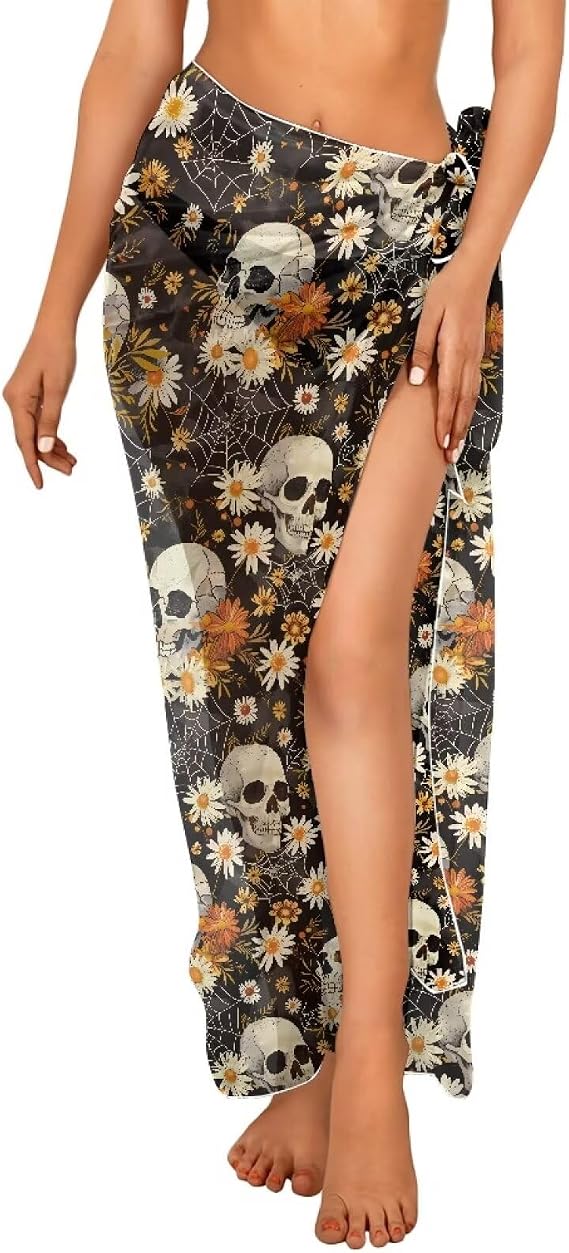Wrap Sarong for Women's Swimwear Cover Ups Semi-Sheer Bathing Suit Cover Up Quick Dry Bikini Wrap Beach Dresses - skull swimsuit