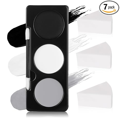 Black White Light Grey Face Paint + 3PCS Sponge + Brush,3 Colors Gray Body Paint Palette for Zombie Skeleton Vampire Cosplay,Skull Black White Halloween SFX Makeup Kit,21g - sugar skull makeup