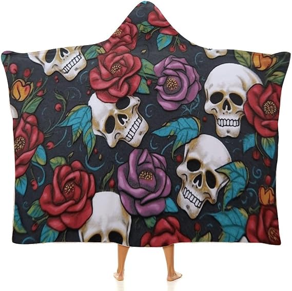 Blanket Hoodie Wearable Hooded Throw Blanket Sugar Skull Flowers Printed Cloak Blanket for Women Men - skull hoodie