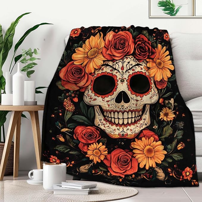 Sugar Skull Throw Blanket, Sugar Skull Gifts for Women, Day of The Dead Blanket, Soft Cozy Mexican Lightweight Fleece for Couch and Bed Room Decor, 40x50 Inches, 310 GSM, Single Side Printed - skull candle