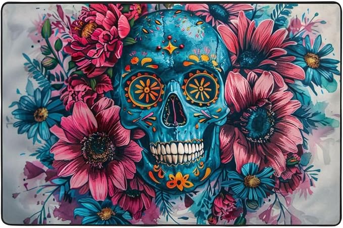 Area Rugs for Living Room Bedroom,Machine Washable 36"x24" Soft Fluffy Shaggy Bedside Rug, Indoor Floor Carpet for Kids,Dorms,Nursery Rooms,Home Decor - Sugar Horror Skull and Flowers - skull carpet