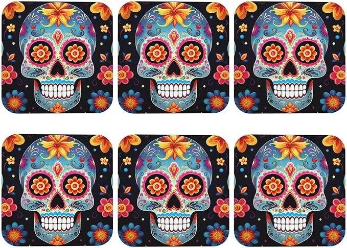 PU Leather Coasters for Drinks Set of 6 - Sugar Skulls Coaster for Tabletop Protection - Modern Drink Coasters for Coffee Table - Square Coasters for Home Decor 4" Cup Mat Pad - skull coaster
