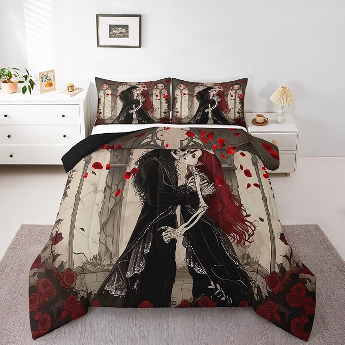 Erosebridal Couple Skull Bedding Set Romantic Valentine's Day Down Comforter King Size for Adults Men Women,Gothic Skull Skeleton Comforter Set Skeleton Lovers Duvet Set - skull bedding