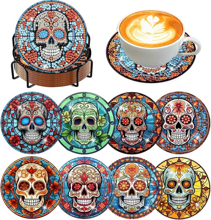 8 Pcs Diamond Art Coasters Kit for Adult with Holder, Diamond Coaster 4x4in