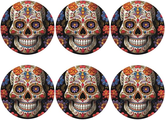 PU Leather Coasters for Drinks Set of 6 - Sugar Skulls Coaster for Tabletop Protection - Modern Drink Coasters for Coffee Table - Round Shape Coasters for Home Decor 4" Cup Mat Pad - skull coaster