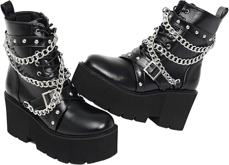 QPAO Women's Fashion Goth Boots,Black Chunky Platform Combat Ankle Booties Zipper Punk Boots Mid Calf Boots for Women - sugar skull costume