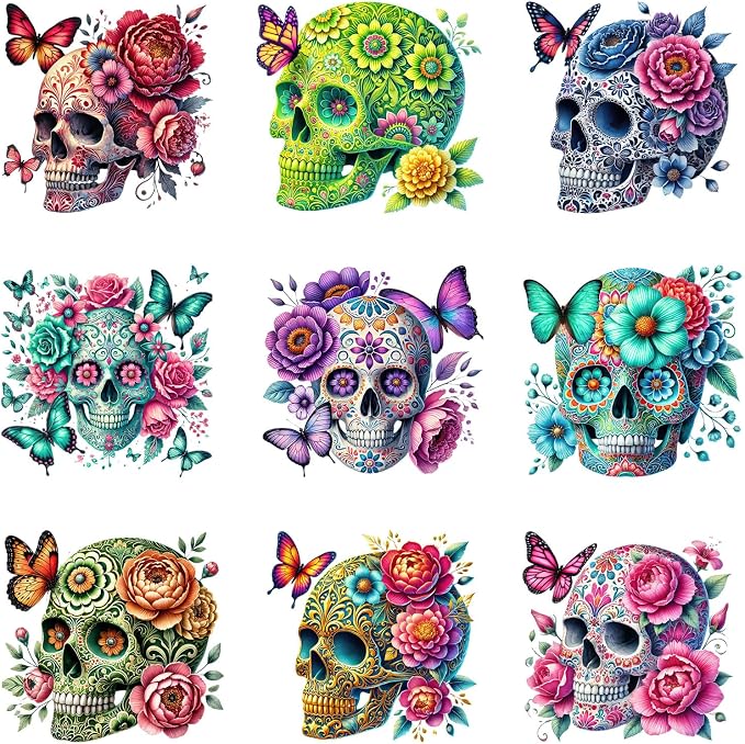 9Pcs Sugar Skull Flower Butterfly Iron on Decals for Clothing DIY Heat Transfer Vinyl Stickers for T-Shirt Jeans Pillow Cover Craft Appliques Decor - skull sticker