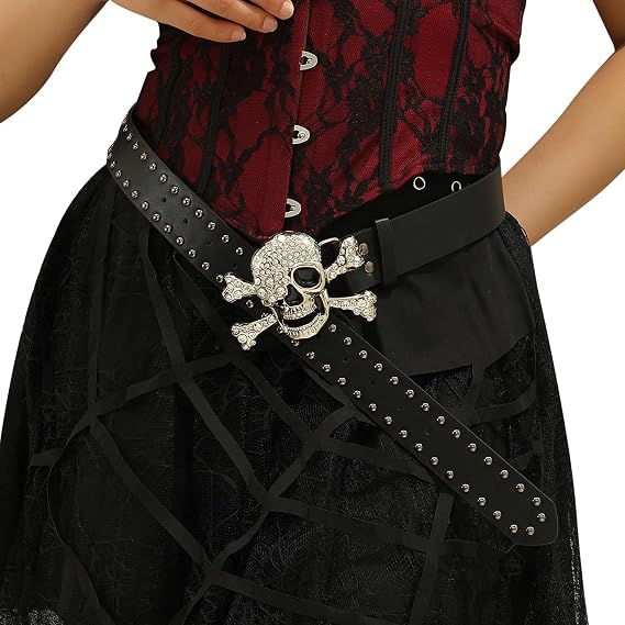Skull Studded Belts Y2K Punk Hip Hop Faux Leather Grommet Belts for Halloween Cosplay - skull wallet