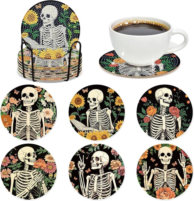 Skull Diamond Art Coasters - 6 PCS DIY Sunflower Diamond Painting Coasters Kits Home Table Decor Art Craft Supplies Birthday The Day of Dead Gift for Adults Beginners Skull Lovers Mexicans - skull coaster