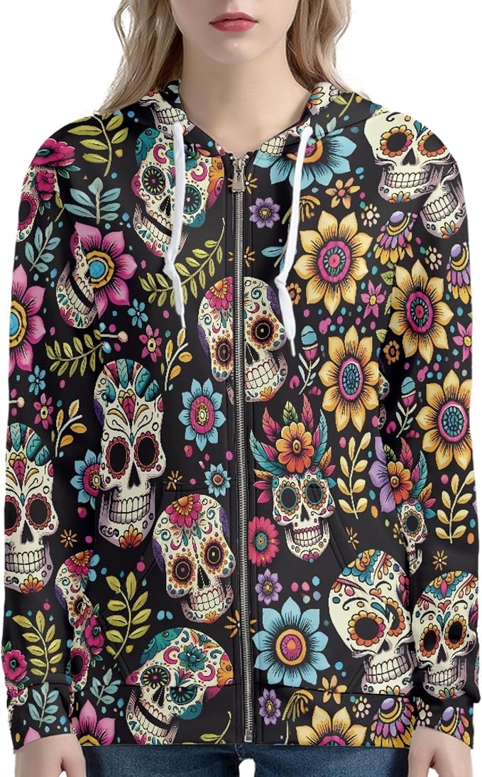 Zip Up Hoodie Women Oversize Hooded Sweatshirt, Causal Pullover Cardigan Drawstring Hoodies with Pockets - skull jacket