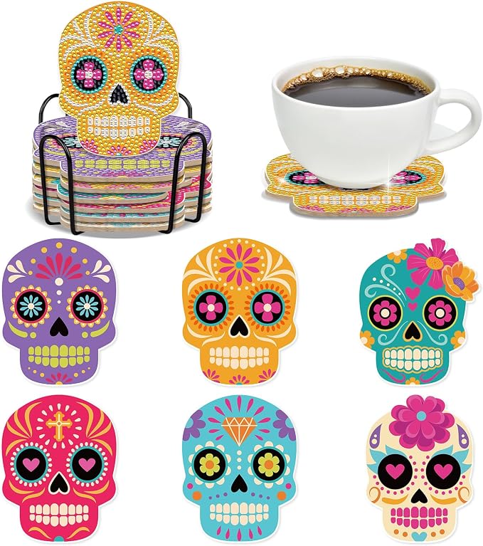 Sugar Skull Diamond Art Coasters - 6 PCS DIY Colorful Diamond Painting Coasters Kits Home Table Decor Art Craft Supplies The Day of Dead Día De Los Muertos Gift for Skull Lovers Mexicans - sugar skull ornament