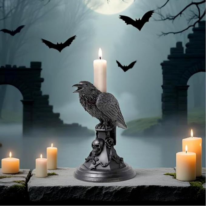 Halloween Gothic Black Crow Candle Holder Statue - skull candle