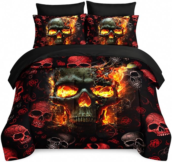 AILONEN 7-Piece Fire Skull Comforter Sets Full Size,3D Skeleton Bedding Set for Kids Boys Teens,Fiery Style Black Tint Comforter & Fitted Sheet with Flat Sheet & 2 Pillowcases,2 Pillow Shams