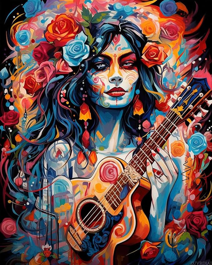 ZUVRDIAI Fashion Sugar Skull Paint by Numbers Kits with Brushe and Acrylic Paints Skeleton Women Painting for Adults Beginner Day of Dead Picture Arts Craft Home Wall Decor Gift 16''x20'' - skull wall art