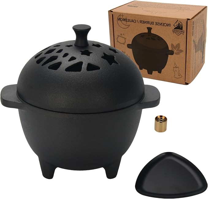 Cast Iron Incense Burner - Cast Iron Incense Holder Mini Cauldron for Sage, Palo Santo, Resin, Charcoal & Japanese Incense | Home, Rituals & Meditation Censer Bowl - skull incense burner