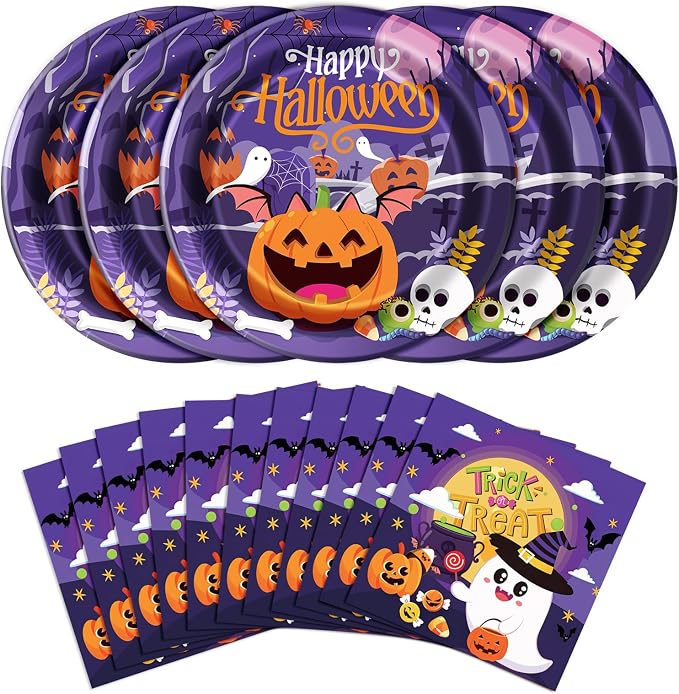 Dereinwo 50 Pcs Halloween Paper Plates and Napkins Set - skull plate