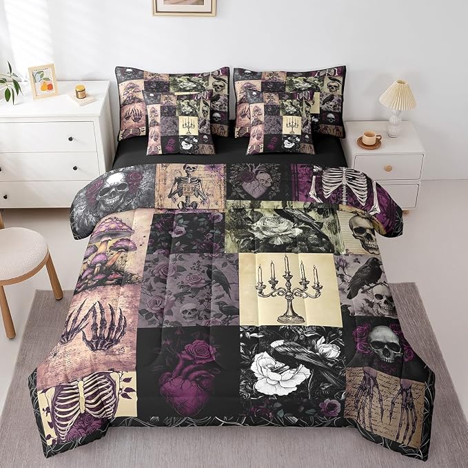 Gothic Crow 7Pcs Comforter Set Queen,Sugar Skull Bedding Set for Kids Girls Boys Teens Room Decor,Purple Rose Flower Mushroom Fitted Flat Sheet Vintage Black Patchwork Plaid 2 Throw Pillow Covers - skull bedding