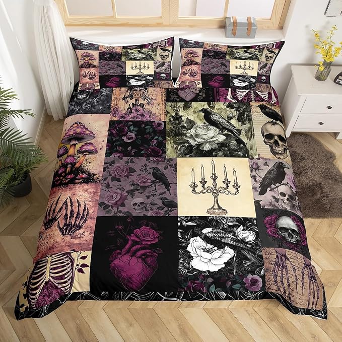 Gothic Crow Duvet Cover Set Queen Size,Sugar Skull Bedding Set for Kids Girls Boys Teens Room Decor,Purple Rose Flower Mushroom Comforter Cover Vintage Black Patchwork Plaid Quilt Cover 3Pcs - skull bedding