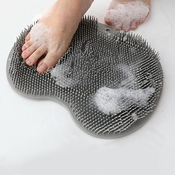 Grey Shower Foot Scrubber Mat Back Washer Exfoliating Bath Wash Pad Wall Mounted Non-Slip Suction Cup - skull floor mat